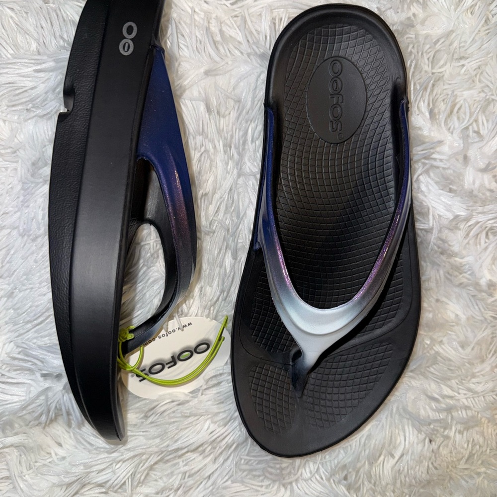 OOFOS OOLALA Luxe Women's Sandals - Black with Neon Green Strap